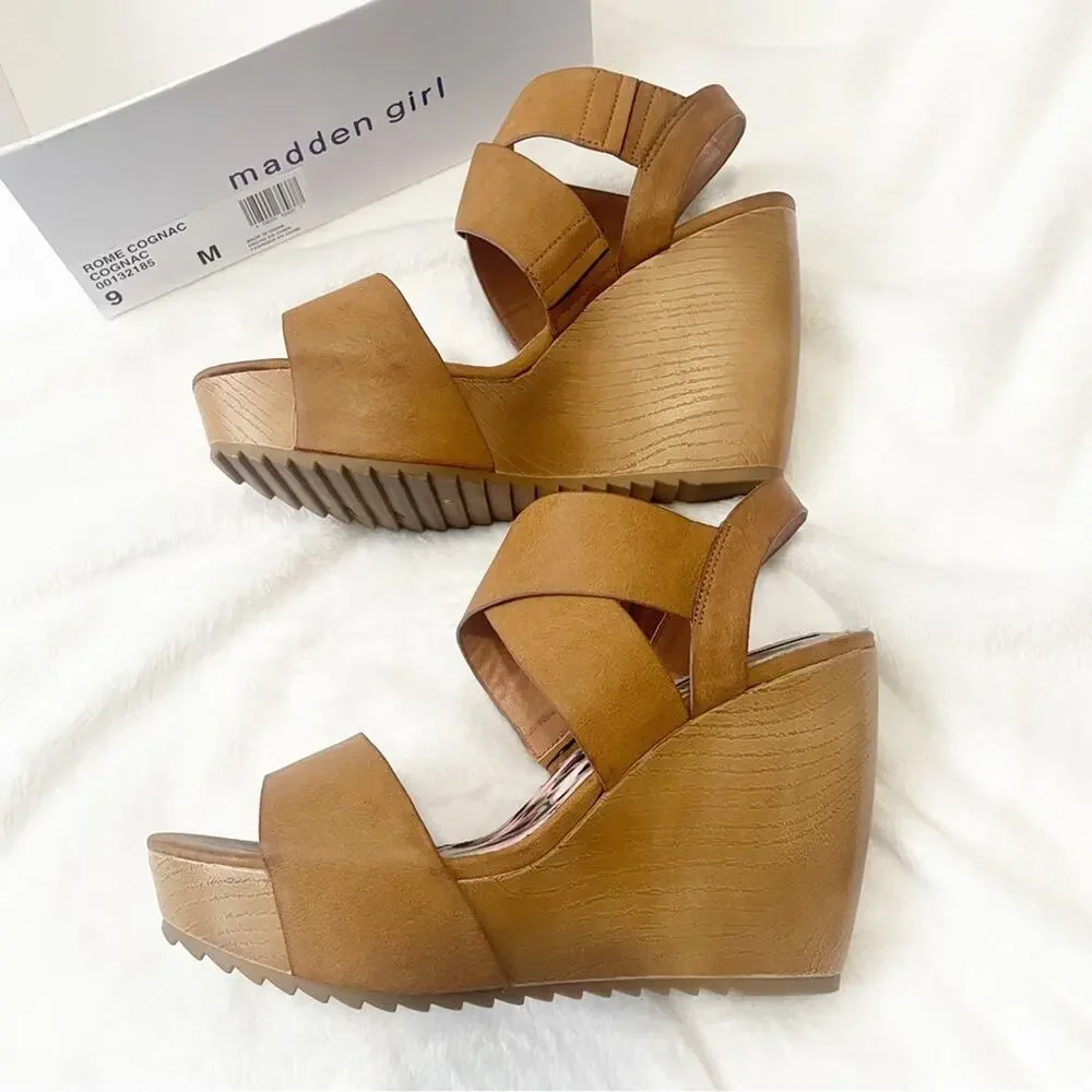 MADDEN GIRL ROME wedge sandal OPEN TOE CASUAL PLATFORM COGNAC size 9 with box